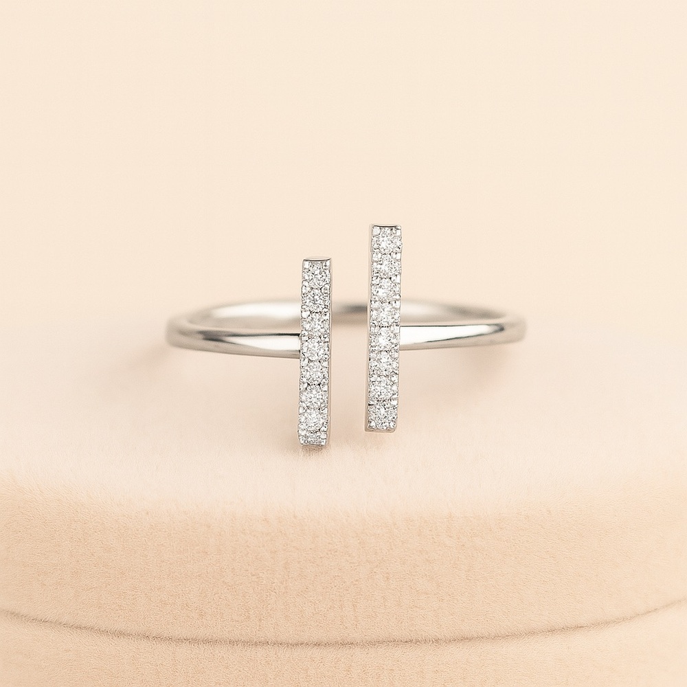 Double Bar Ring Moissanite Pave Open Ring Sterling Silver Minimalist